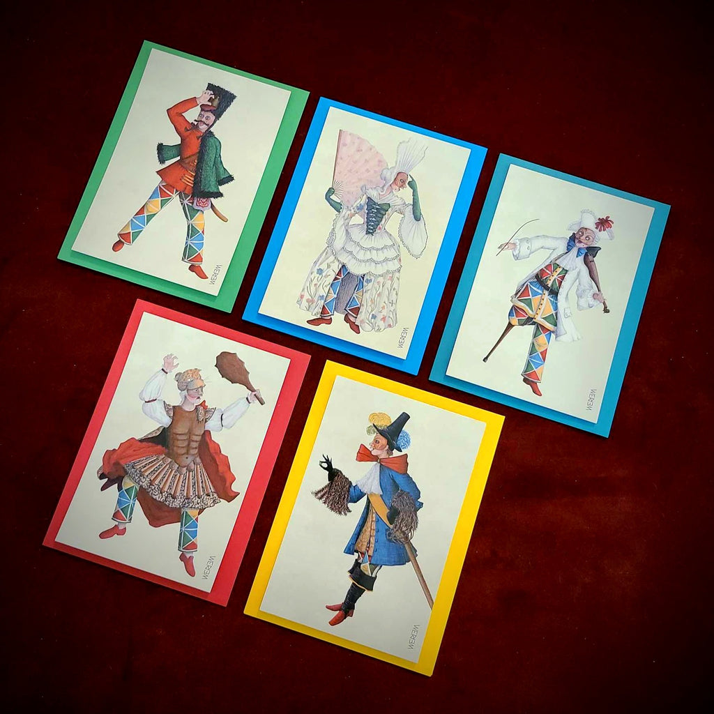 WERIEM ○ 5 HARLEQUIN POSTCARDS & ENVELOPES - Italian Comedy | Funny Character | Theater | Mask