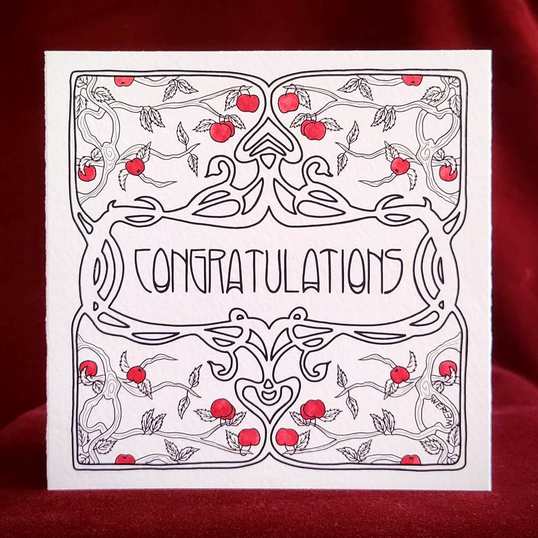 WERIEM ○ HANDMADE CARD - Congratulations | Unique | Artsy | Art Nouveau | Red | Apple Tree
